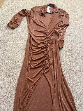 Ashley Stewart Metallic Rust Brown Ruched Maxi Dress